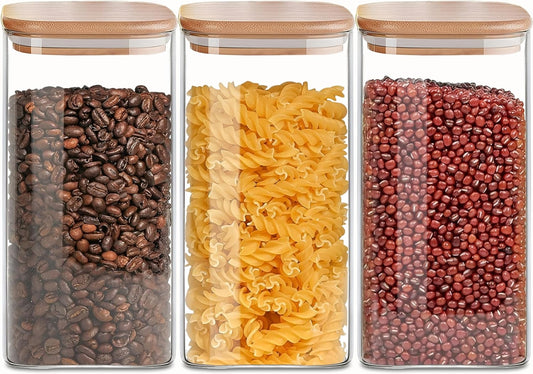 Square Glass Jars Canister with Wood Lid 50 FL OZ [Set of 3], Container Jar with Sealing, Lids for Oat Pasta Flour Cereal Rice Sugar Tea Coffee Beans, Best for Kitchen & Pantry