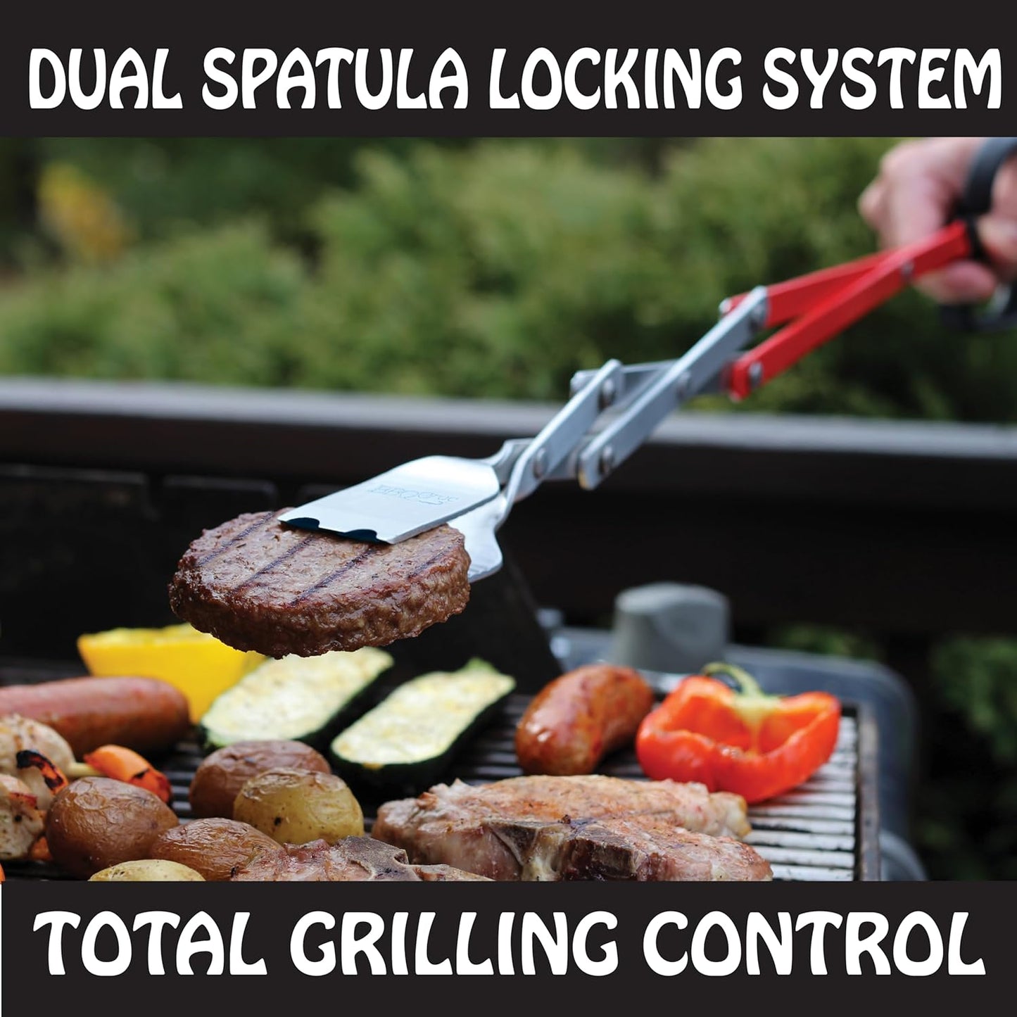 BBQ Croc 3 in 1 Barbecue Tool 26-inch - Extra Light and Super Long Heavy Duty Tongs, Spatula and Grill Scraper (Red) - Longest BBQ Tool Ever!