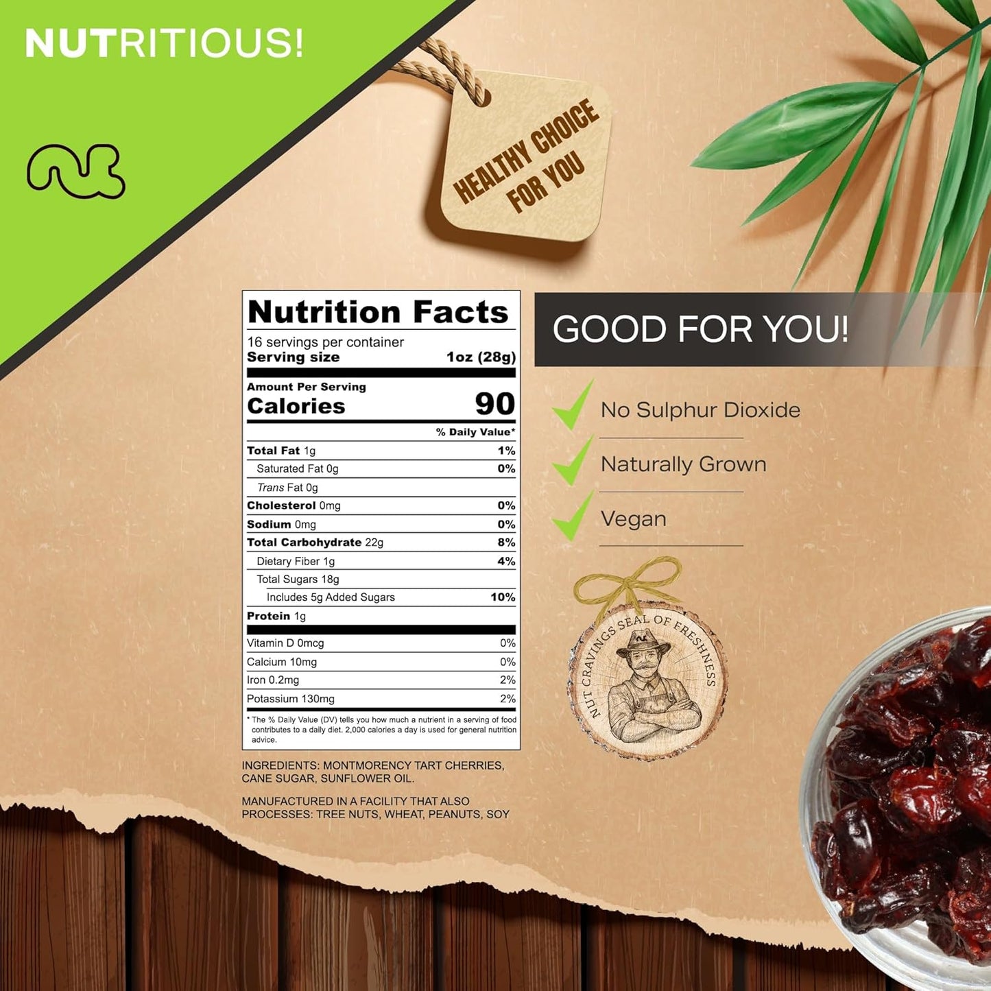 NUT CRAVINGS - Sun Dried Sour Tart Cherries, Lightly Sweetened (16oz, 1 LB) Bulk Dry Fruits Packed Fresh in Resealable Bag - Sweet Healthy Snack, Naturally Grown, Vegan, Kosher