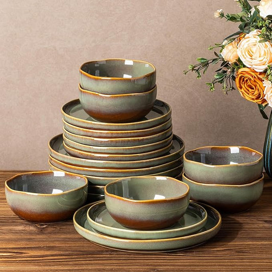 TheTerra Ceramic Dinnerware Sets for 6, 18 Pieces Handmade Reactive Glaze Plates and Bowls Sets, Scratch Resistant Dish Set, Oven & Microwave & Dishwasher Safe, Brown Green