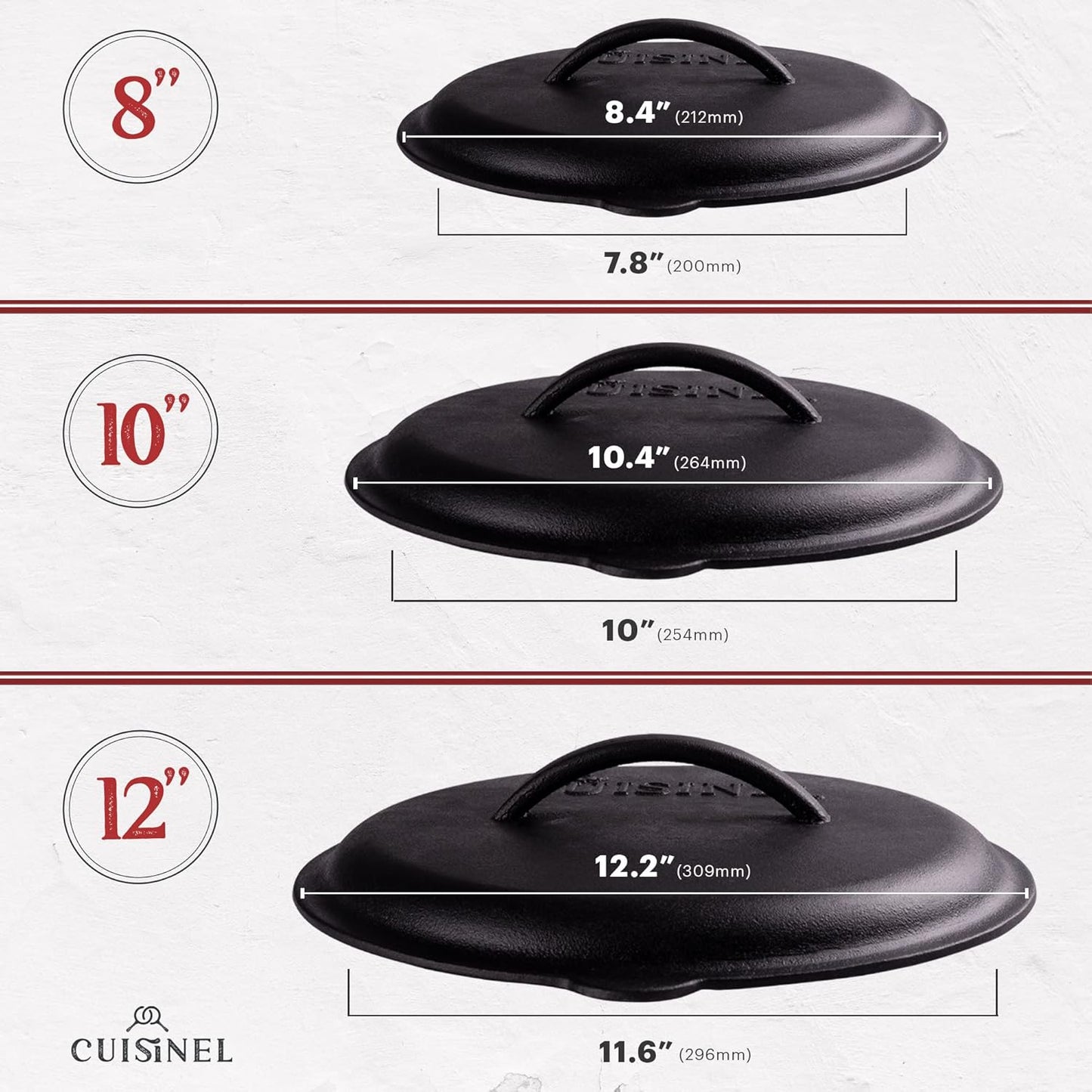 Cuisinel Cast Iron Skillets Set with Lids - 8"+10"+12"-inch Pre-Seasoned Covered Frying Pan Set + Silicone Handle and Lid Holders + Scraper/Cleaner - Use Cookware Indoor/Outdoor, Oven, Stovetop, Fire