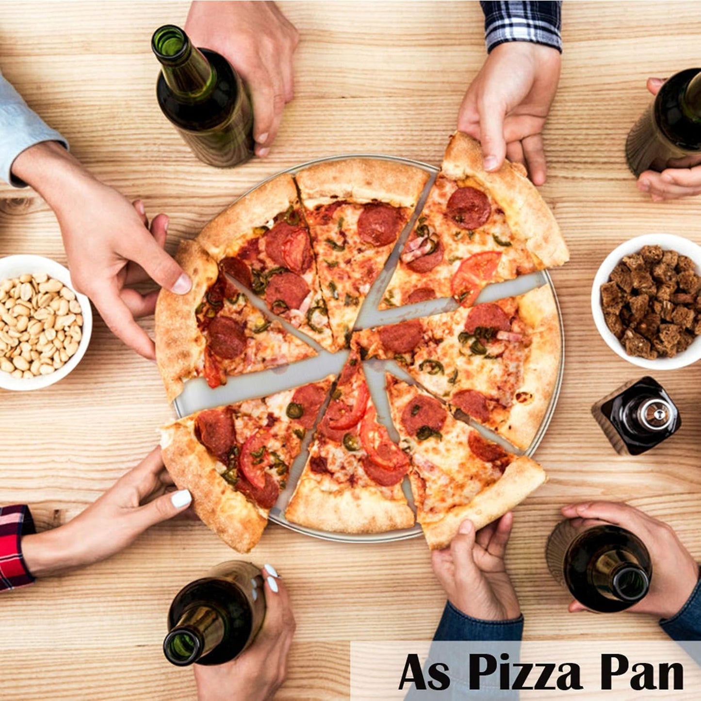 P&P CHEF 10 Inch Pizza Pan, 3 Pieces Stainless Steel Round Pizza Tray Dish Plate For Oven Baking Roasting, Healthy & Heavy Duty, Rust Free & Dishwasher Safe -Silver