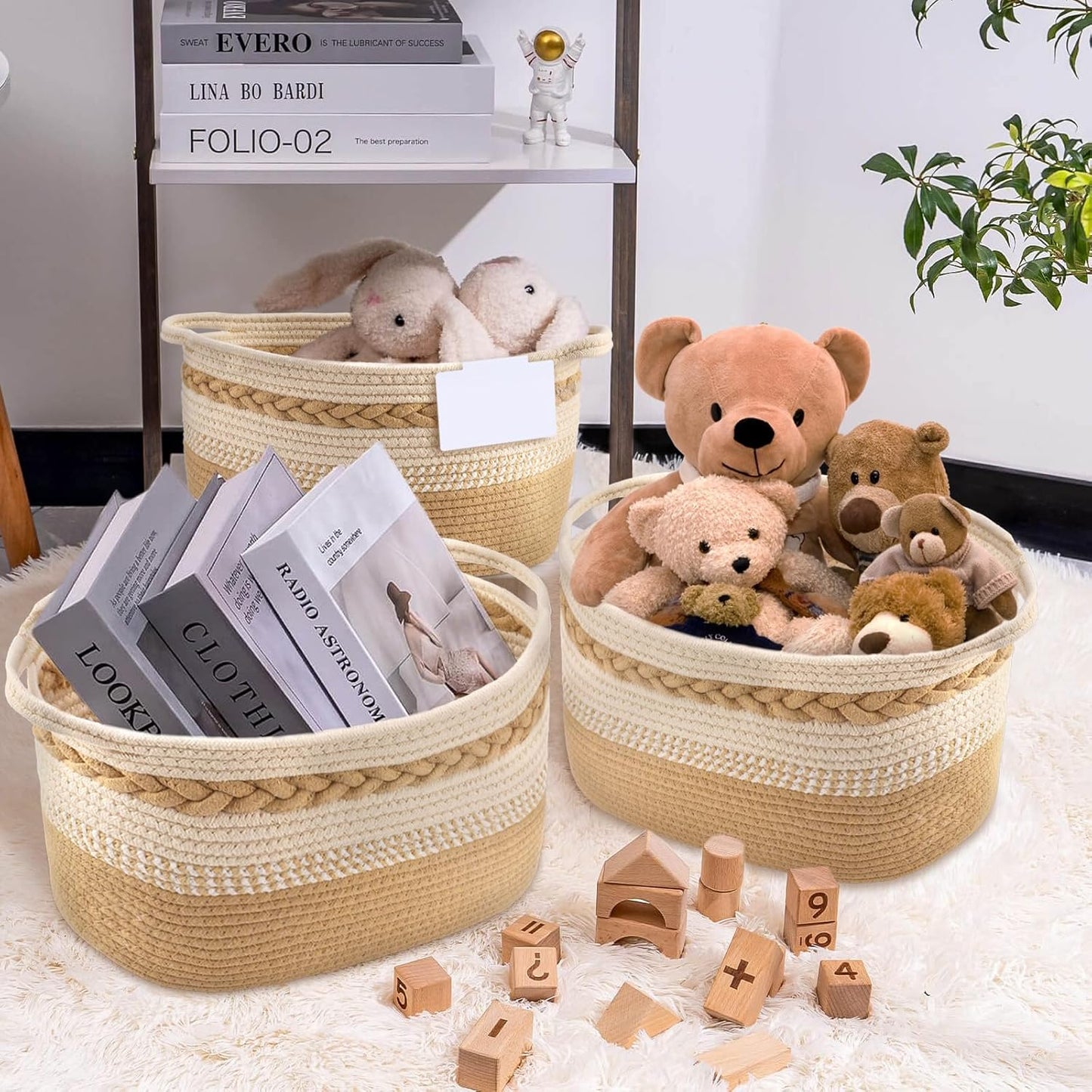 Woven Storage Basket, 3 Pack Beige Rope Basket for Shelves, HandWoven Cotton Rope Basket with Built-in Handles and Labels for Bathroom, Bedroom, Laundry, Pantry, Shelves