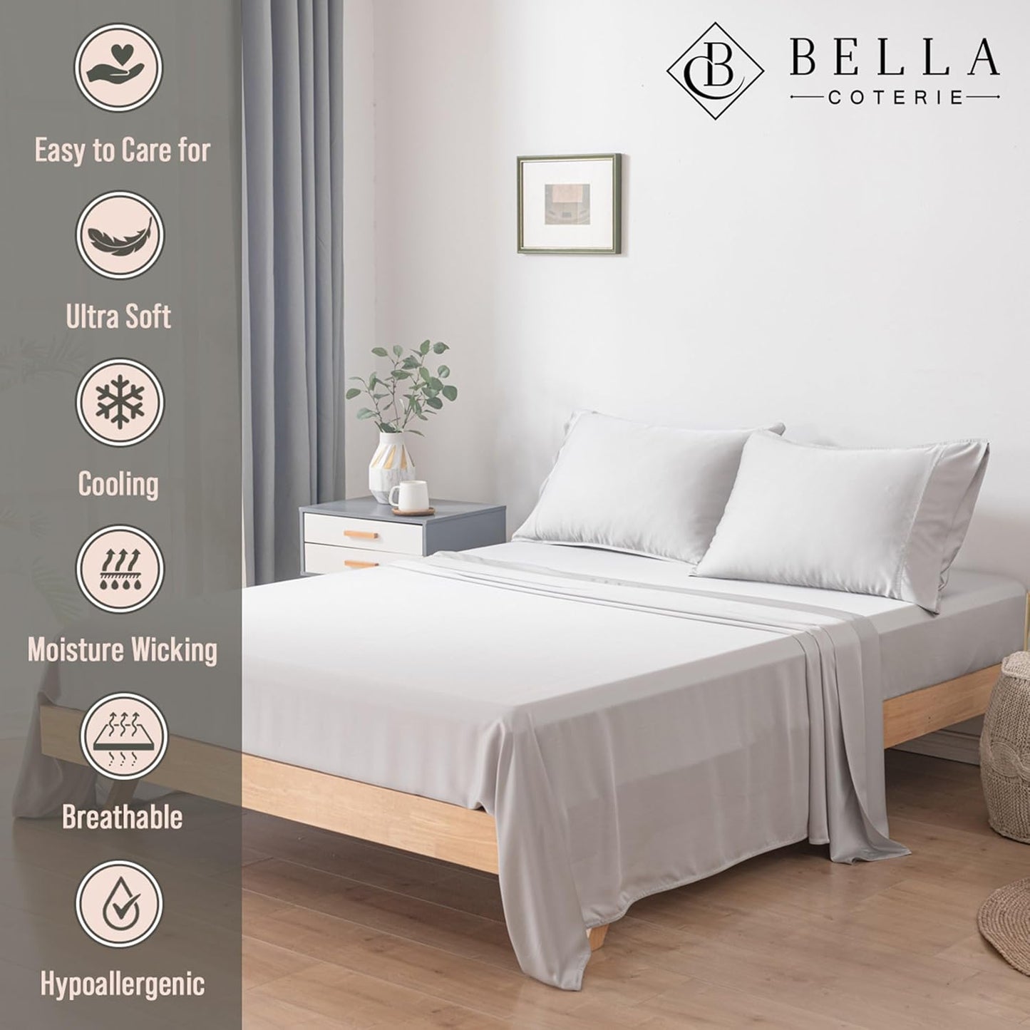 Bella Coterie Luxury Bamboo Viscose Split King Size Sheet Set | 100% Organically Grown | Ultra Soft | Cooling for Hot Sleepers | 18" Deep Pocket [Grey Mist]