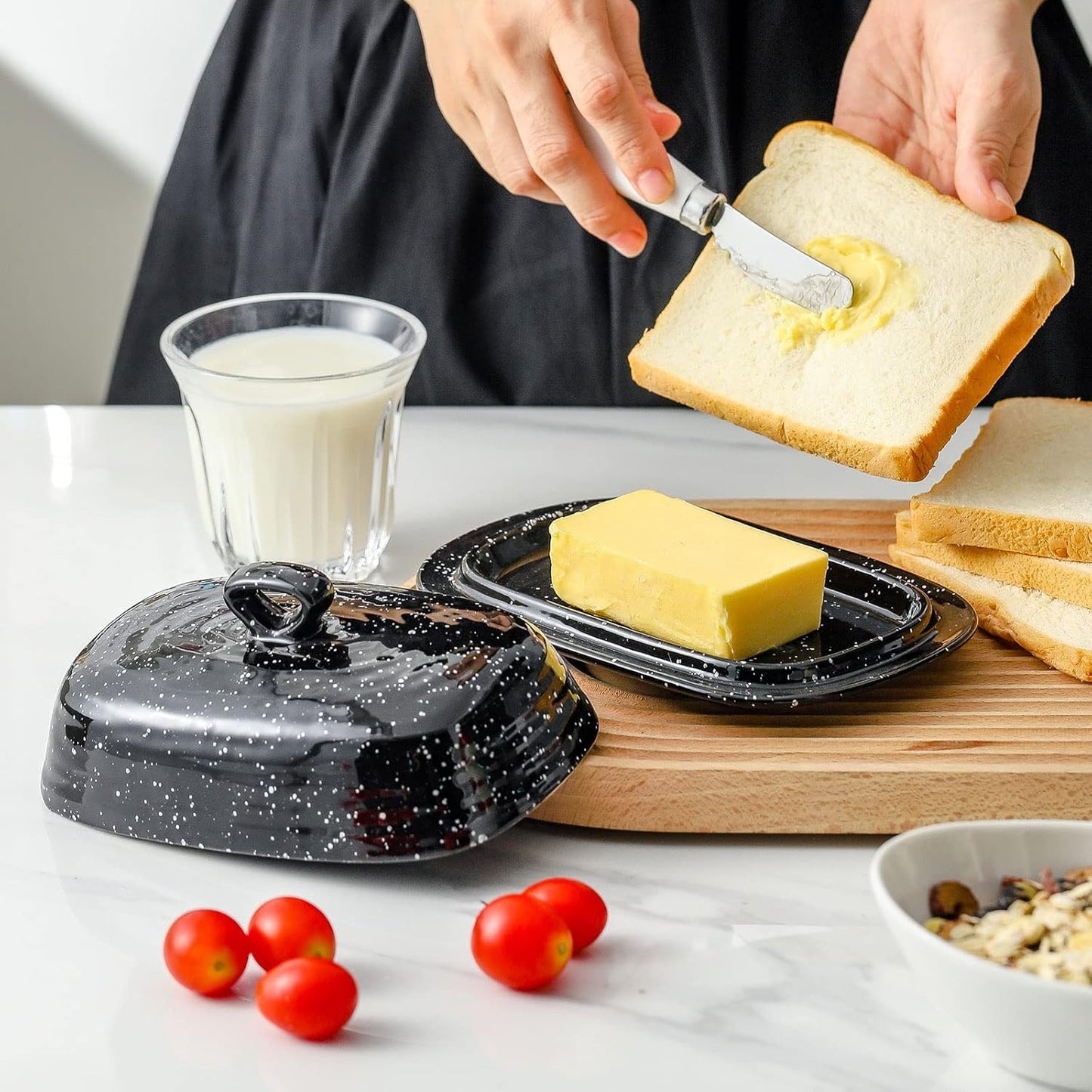 Hasense Butter Dish with Lid, Ceramic Butter Dish with Cover for Countertop, Porcelain Butter Keeper Holder with Handle Design for East West Coast Butter, Butter Tray with Lid for Fridge, Black