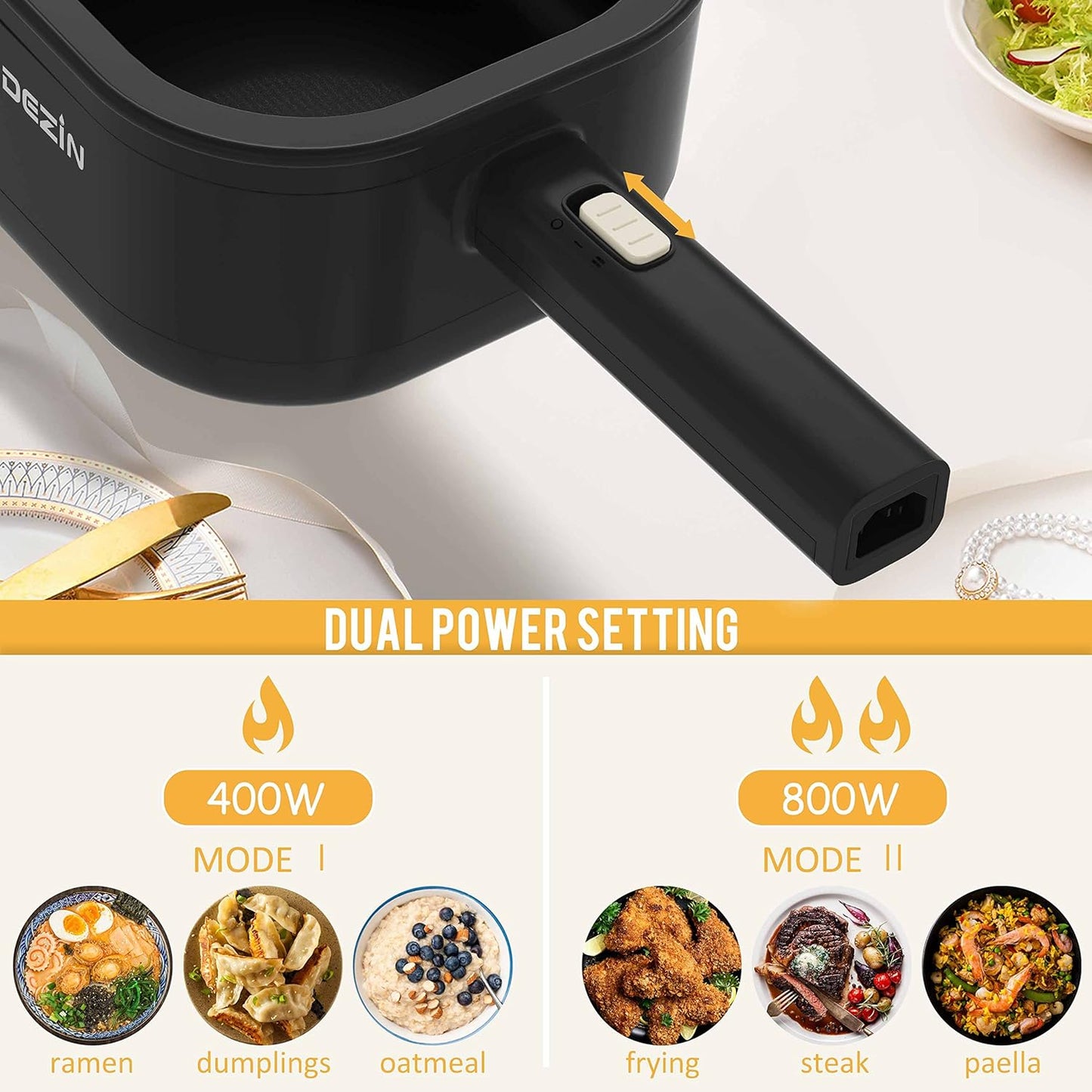 Dezin 2L Electric Hot Pot with Steamer, Rapid 800W Non-Stick Ceramic Coating Dorm Cooking Pot, Plug in Electric Pan Cooker with Adjustable Power for College Hotel Office(Silicone Spatula Included)