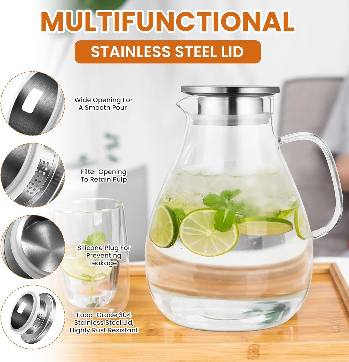 SUSTEAS 3 Litre 101oz Glass Pitcher Jar with Lid and Nozzle, 3.17Quart Cold/Hot Water Glass Water Bottle, Ice Tea for Refrigerator, Large Water Jar for Juice, Milk, Coffee or Homemade Drinks