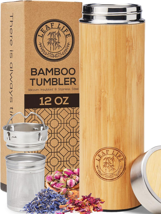 LeafLife Premium Bamboo Tea Bottle for Loose Tea - Tea Infuser Bottle - Tea Gifts - Insulated Water Bottle/Coffee Tumbler/Tea - Tea Gift Set, Tea Accessories - Tea Tumbler 12oz