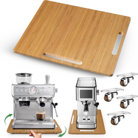 Joy&Grace Appliance Slider for Kitchen Appliances 360° Rolling Sliding Tray for Coffee Maker Countertop, Bamboo Coffee Pot Slider Rolling Tray (Natural, Large 16"x13")
