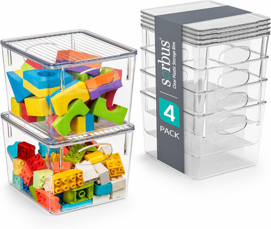 Sorbus Medium Clear Plastic Storage Bins with Lids, Clear Stackable Storage Bins, Clear Toy Storage Bins, Clothes, Medicine, Makeup, Closet, Art Supply, Bathroom, Shoe, Toy Storage Organizer (4 Pack)