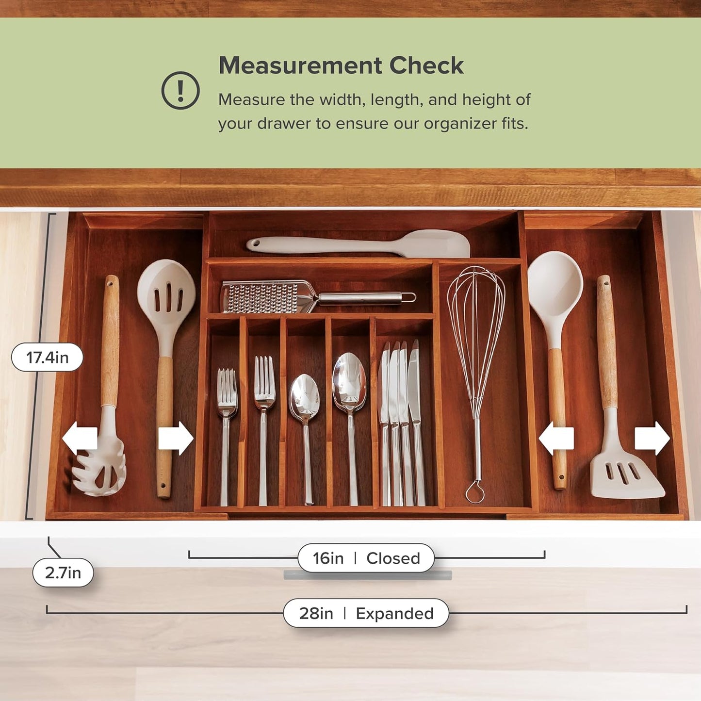 Premium Silverware, Flatware and Utensil Organizer for Kitchen Drawers, Food-Safe Contract Grade, Expandable from 16 to 28 In, Natural Acacia