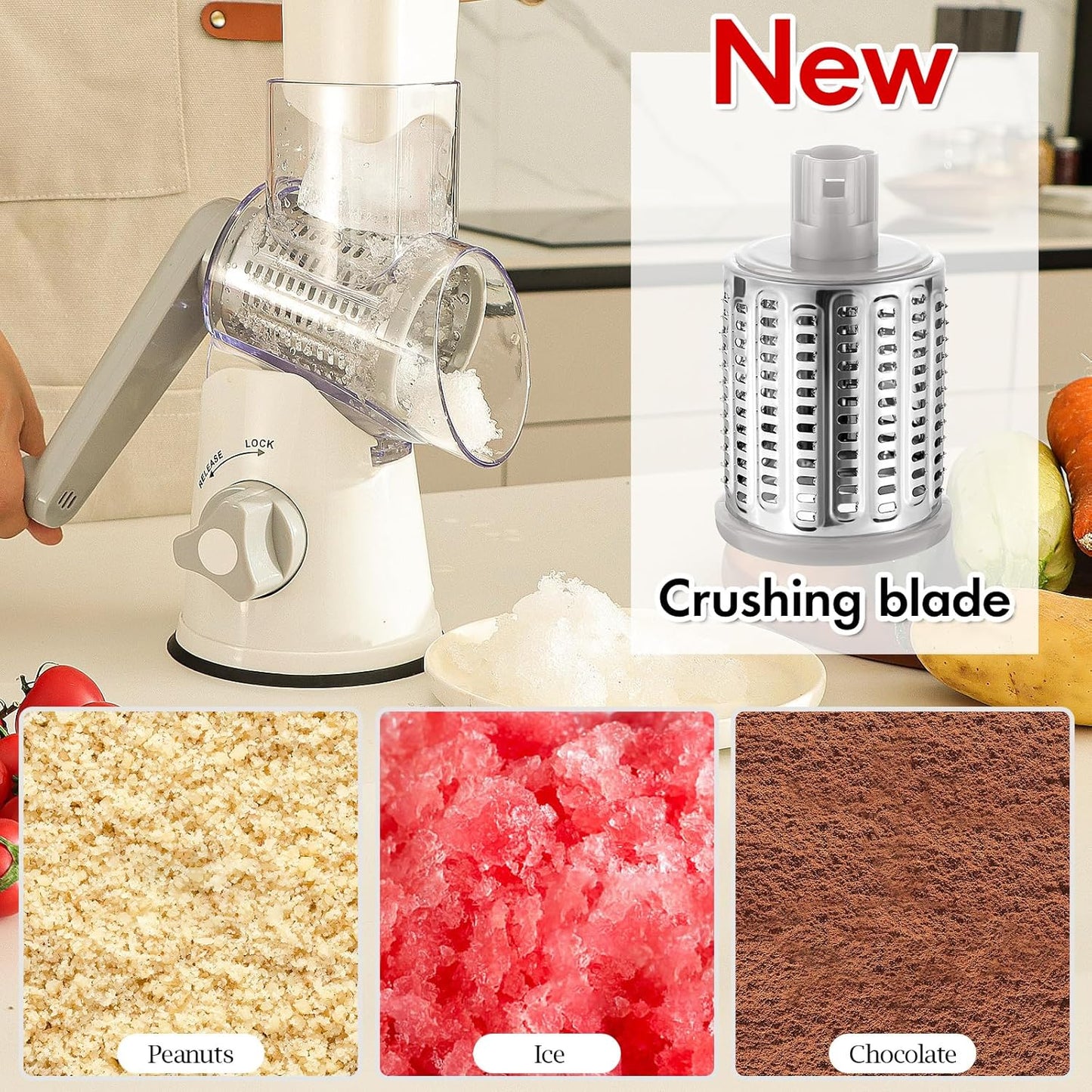 Ourokhome Rotary Cheese Grater Hand Crank, Kitchen Shredder Speed Mandolin Slicer Ice Shaver with Handle and Drum Blades for Cheese, Vegetable, Nuts, Chocolate, Potato, Carrot, 5 Blades, White