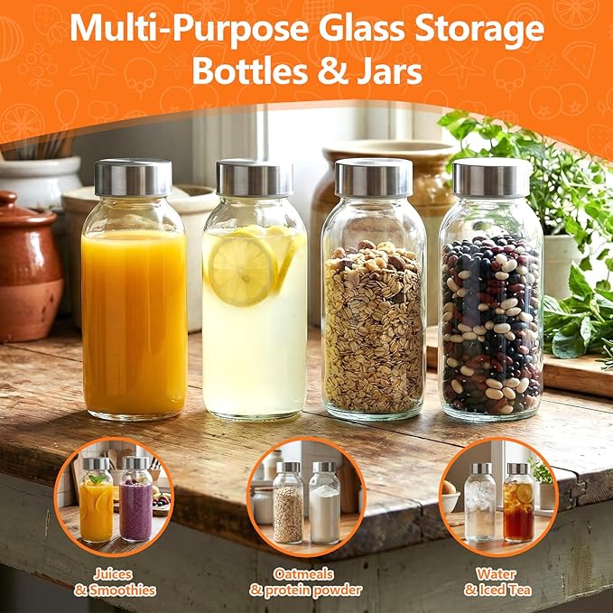 8 oz Glass Water Bottles with Lids, 8 Pack Small Glass Juice Bottles with Stainless Steel Caps & Funnel, Leak-Proof Containers for Juicing, Milk, Ginger Shots, Smoothies, Wellness Drinks