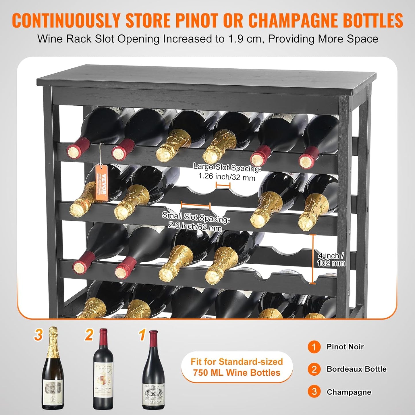 VEVOR 42 Bottle Modular Wine Rack, 7-Tier Solid Bamboo Wood Storage Racks with Table Top, Floor Freestanding Wines Holder Display Shelf, Wobble-Free Shelves for Kitchen, Bar, and Cellar (Black)