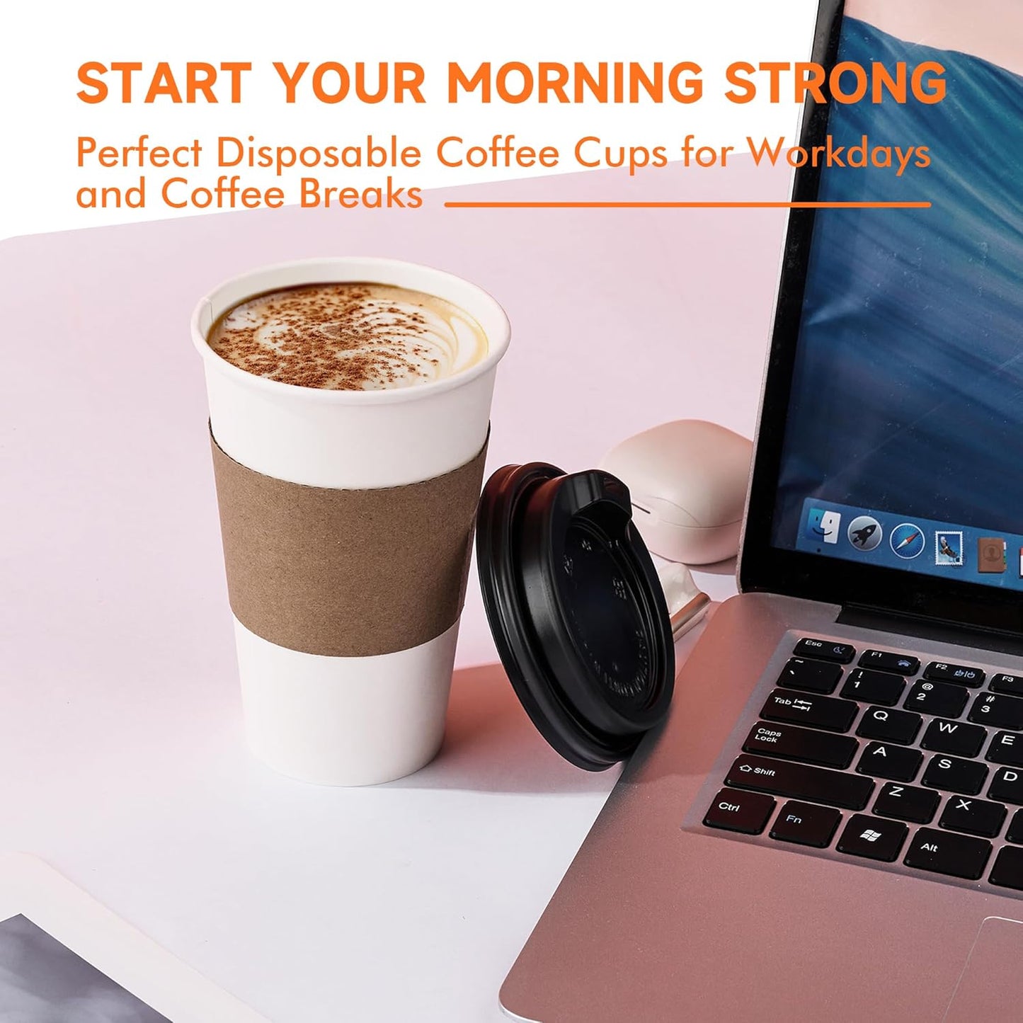 100 Pack 16 oz Disposable Coffee Cups with Lids and Sleeves, Paper Coffee Cups for Hot/Cold Drinks, Leak-Proof To Go Cups for Home, Cafes, Events and Office