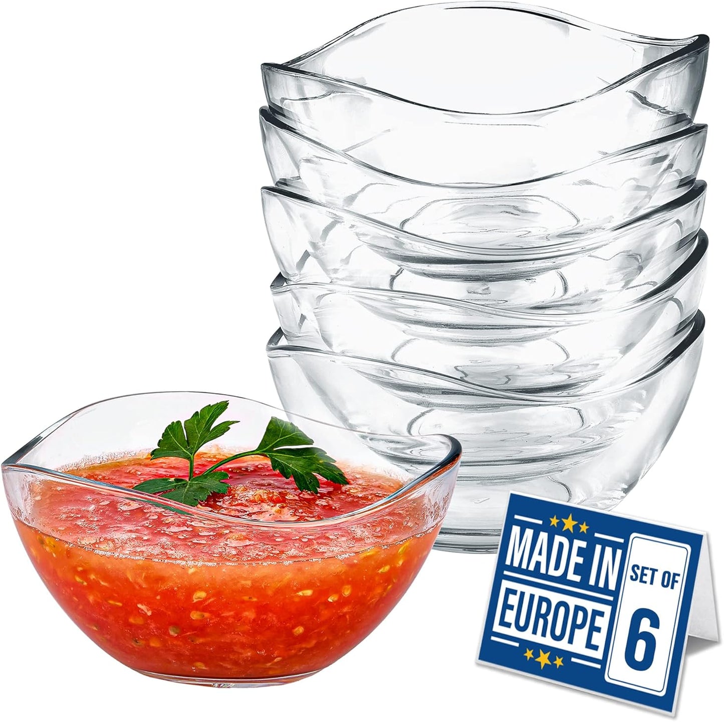 Volarium CRYSTALIA Small Glass Bowls for Kitchen Prep, Modern Round Serving Dishes for Dessert, Salad, Fruit, Pudding, Candy, Cereal, Ice Cream, Stackable Bowls Set of 6 (Large 10 1/2 oz)