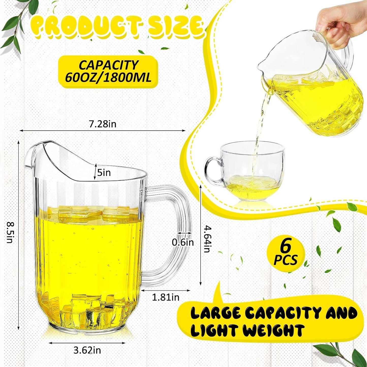 Tessco for you 6 Pcs Plastic Pitchers 60 Ounce Clear Restaurant Jug Large Water Pitcher Carafe Serve Milk Tea Juice Drink for Parties Container Dispenser Beer Jar