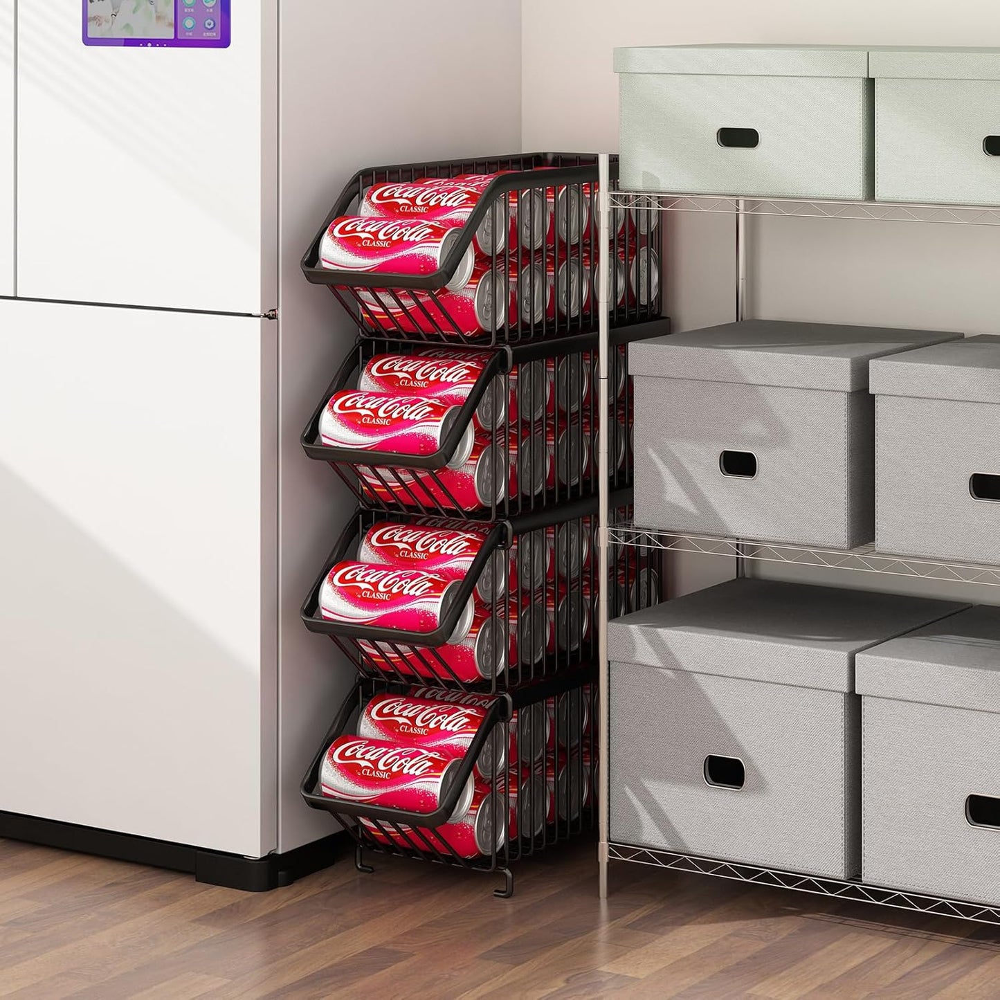GILLAS 4 Pack Stackable Soda Can Organizer for Refrigerator, Can Holder Dispenser, Canned Food Storage Rack for Fridge, Kitchen, Countertops, Cabinets, Black