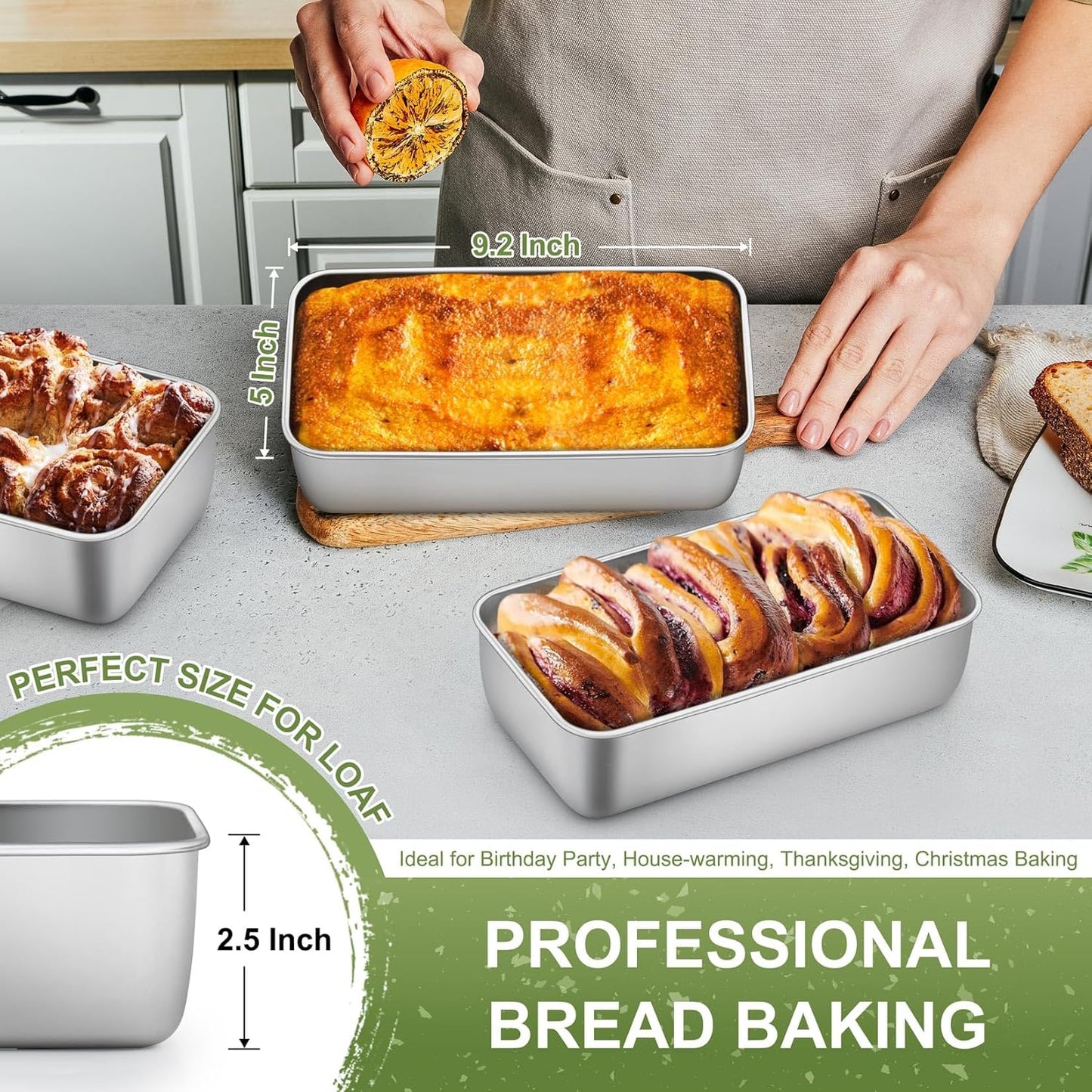 P&P CHEF Loaf Pan Set, 9 x 5 Inch Bread Pans, Stainless Steel Loaf Toast Baking Pans For Bread Meatloaf Lasagna Cake, Healthy & Non Toxic, Oven & Dishwasher Safe, (Silver, 6Pcs)