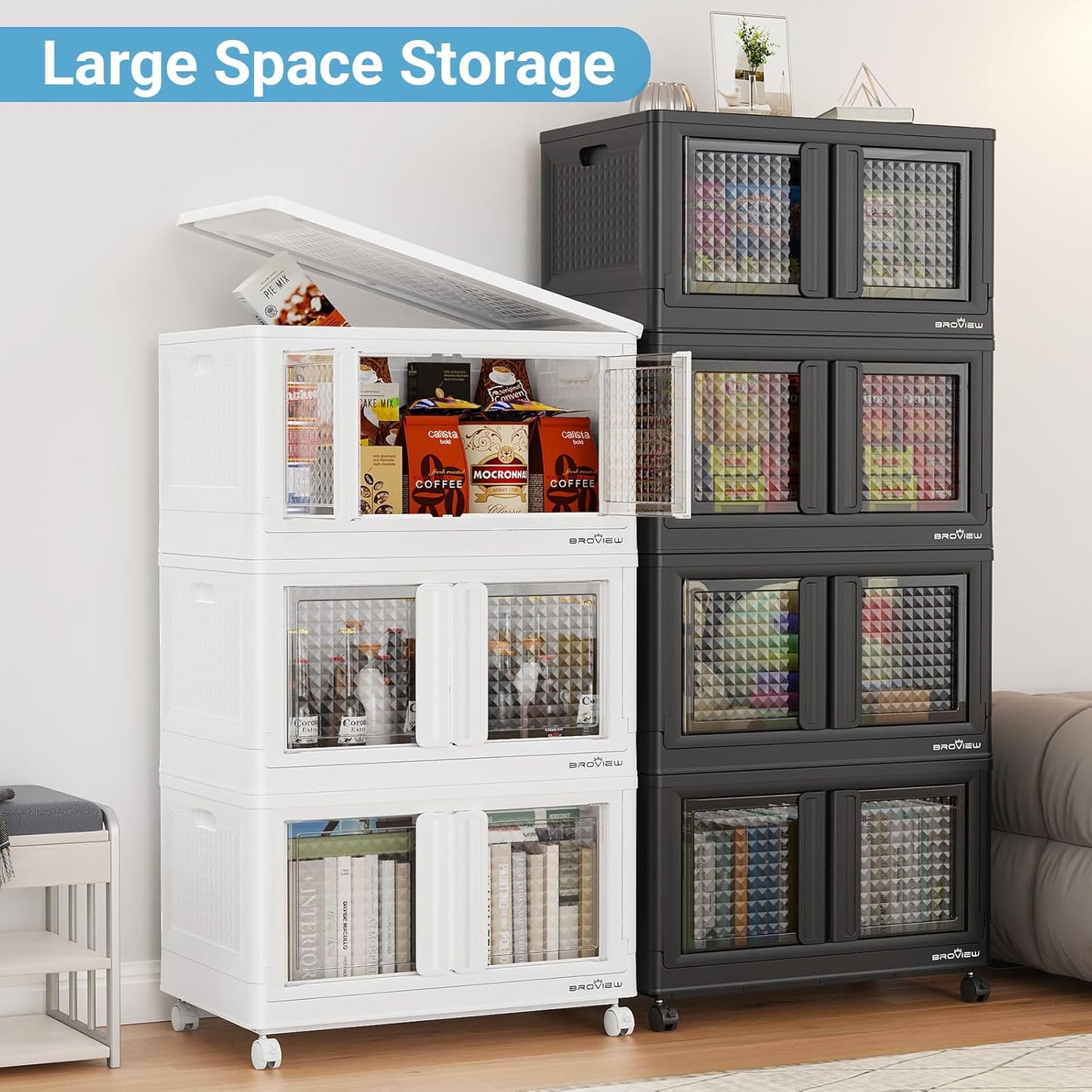 300Qt Stackable Storage Bins with Lids, 75Gal Closet Organizers and Storage Drawer, Plastic Collapsible Storage Bins with Doors, Heavy Duty Store Box Cabinet for Home Office, 3Pack White