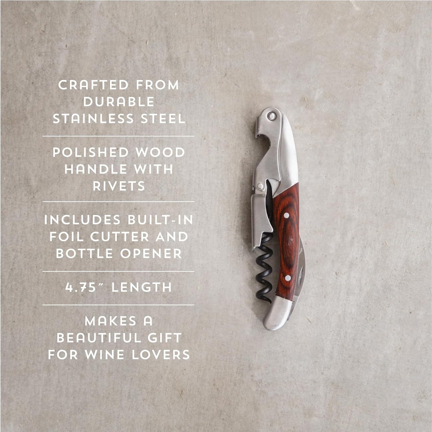 Twine Country Home Double Hinged Wood Corkscrew, Rosewood Inlay Wine Key, Bar Tool, Wine Opener, 4.75"