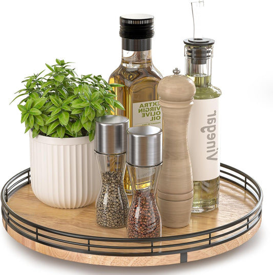 12" Lazy Susan Oak Wood Turntable Organizer for Cabinet, Farmhouse Round Wooden Lazy Susan Organization and Storage for Dining Table, Pantry, Kitchen, Bathroom, Countertop, Cupboard, Home Decor
