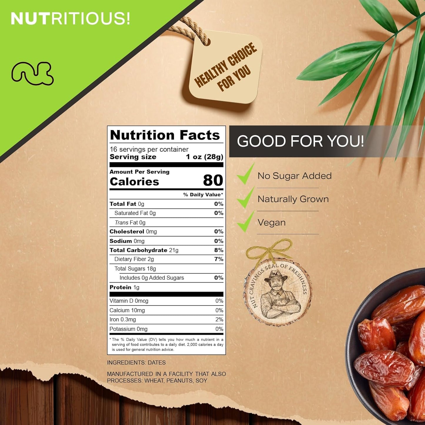 NUT CRAVINGS - Sun Dried Deglet Noor Dates Pitted, No Sugar Added (16oz, 1 LB) Bulk Dry Fruits Packed Fresh in Resealable Bag - Sweet Healthy Snack, Naturally Grown, Vegan, Kosher