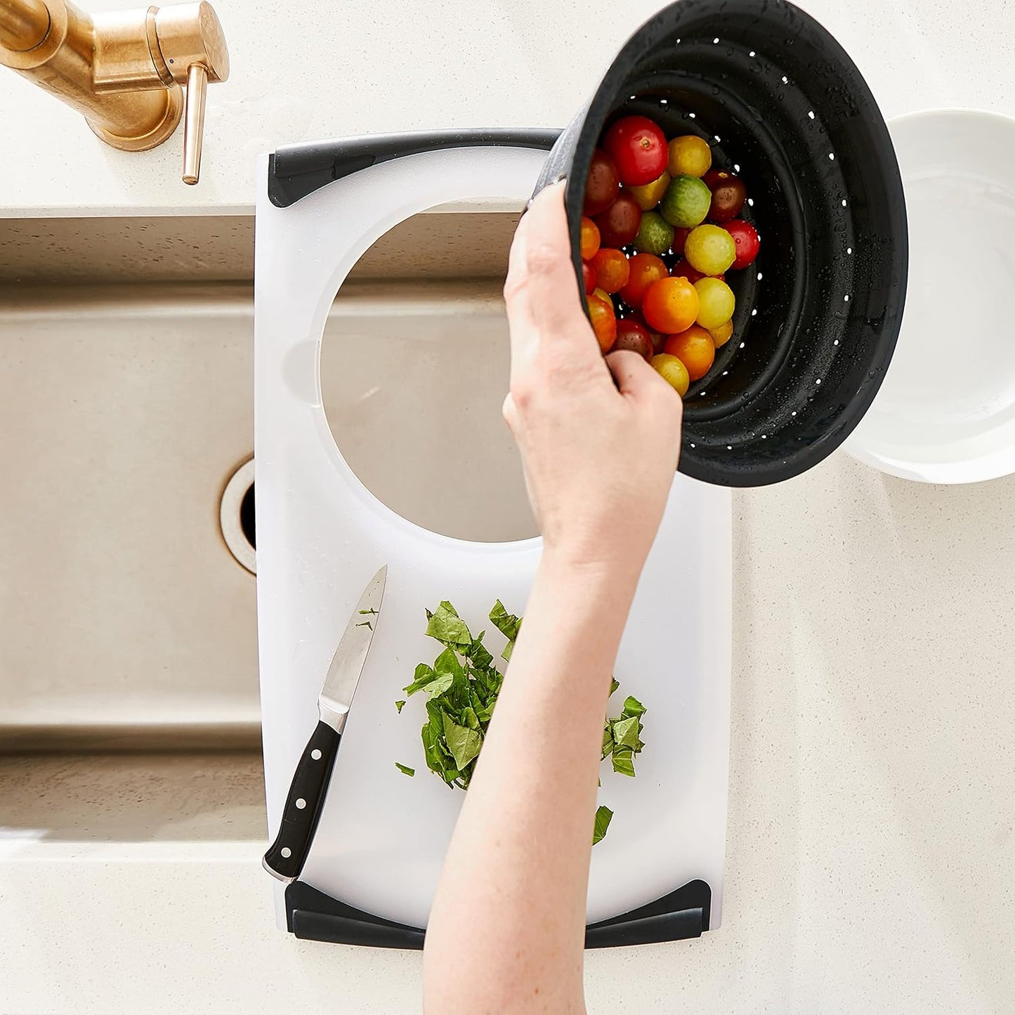 Dexas Over the Sink Poly Cutting Board with Collapsible Colander Strainer, 11.5 x 20", Natural/Gray