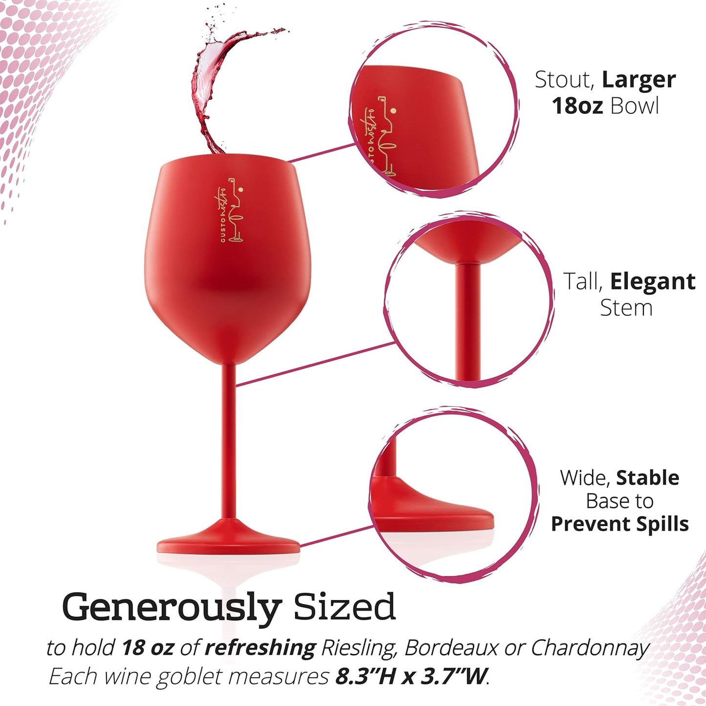 Gusto Nostro Stainless Steel Wine Glass - 18 oz - Unbreakable Colorful Wine Glasses for Travel, Camping and Pool - Fancy, Unique and Cool Portable Metal Wine Glass for Outdoor, Picnics (Set of 2)