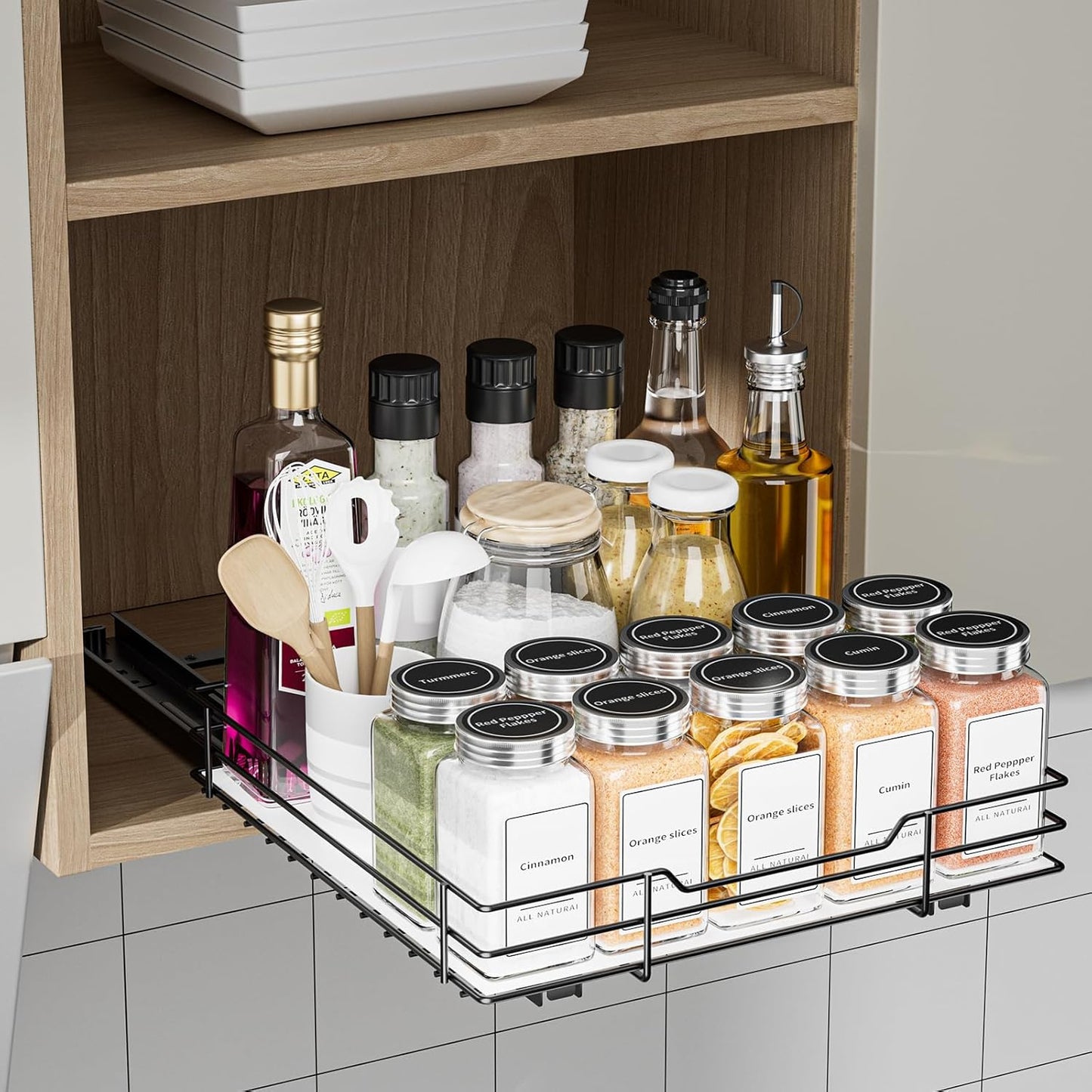 Pull Out Spice Rack, Slide Out Spice Rack for Cabinet, Spice Organizer for Kitchen and Pantry, Fits Spices, Sauces, Canned Food (10.5''Wx10.5''Dx2.5''H)