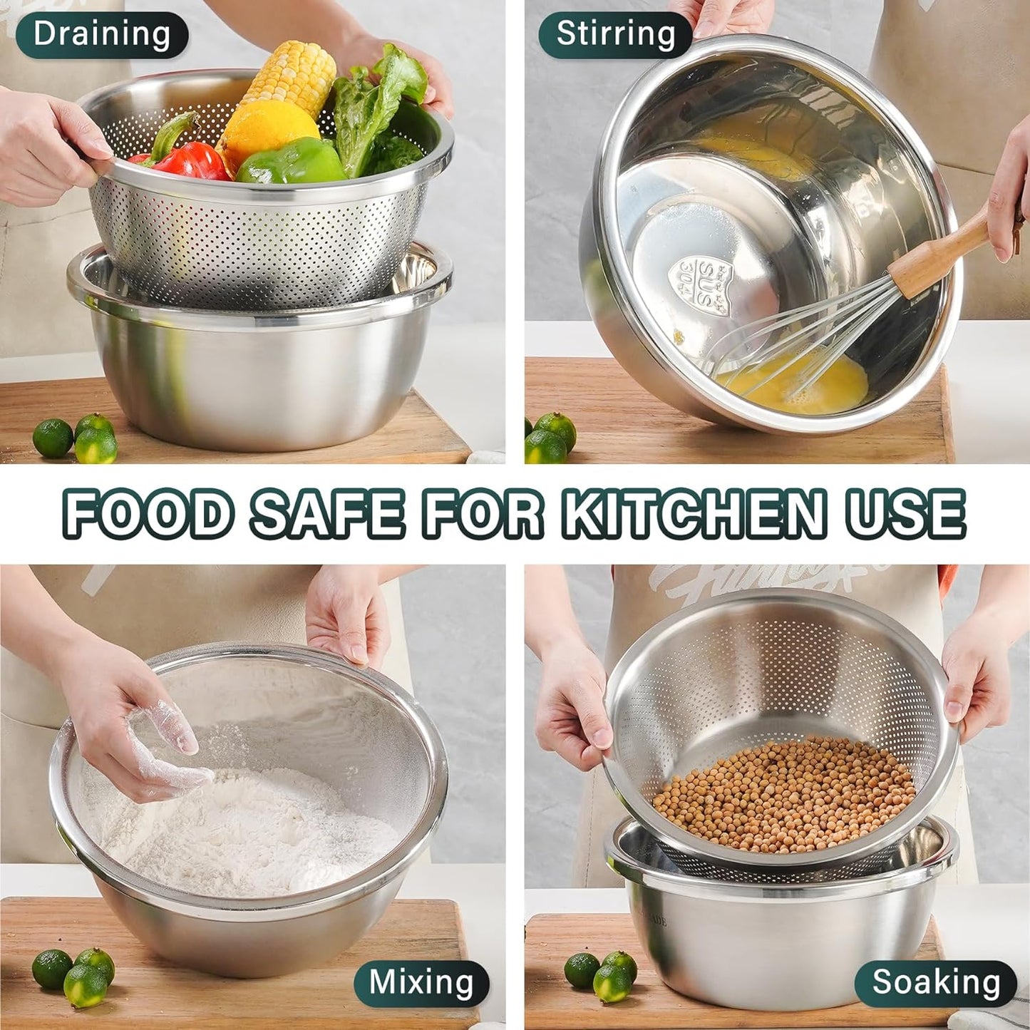 304 Stainless Steel Colander 2QT Microporous Colander & Mixing Bowl for Kitchen Cooking,Rice Strainer with Washing Bowl for Pasta Straining,Fruit Washing,Vegetable Draining(2PCs)