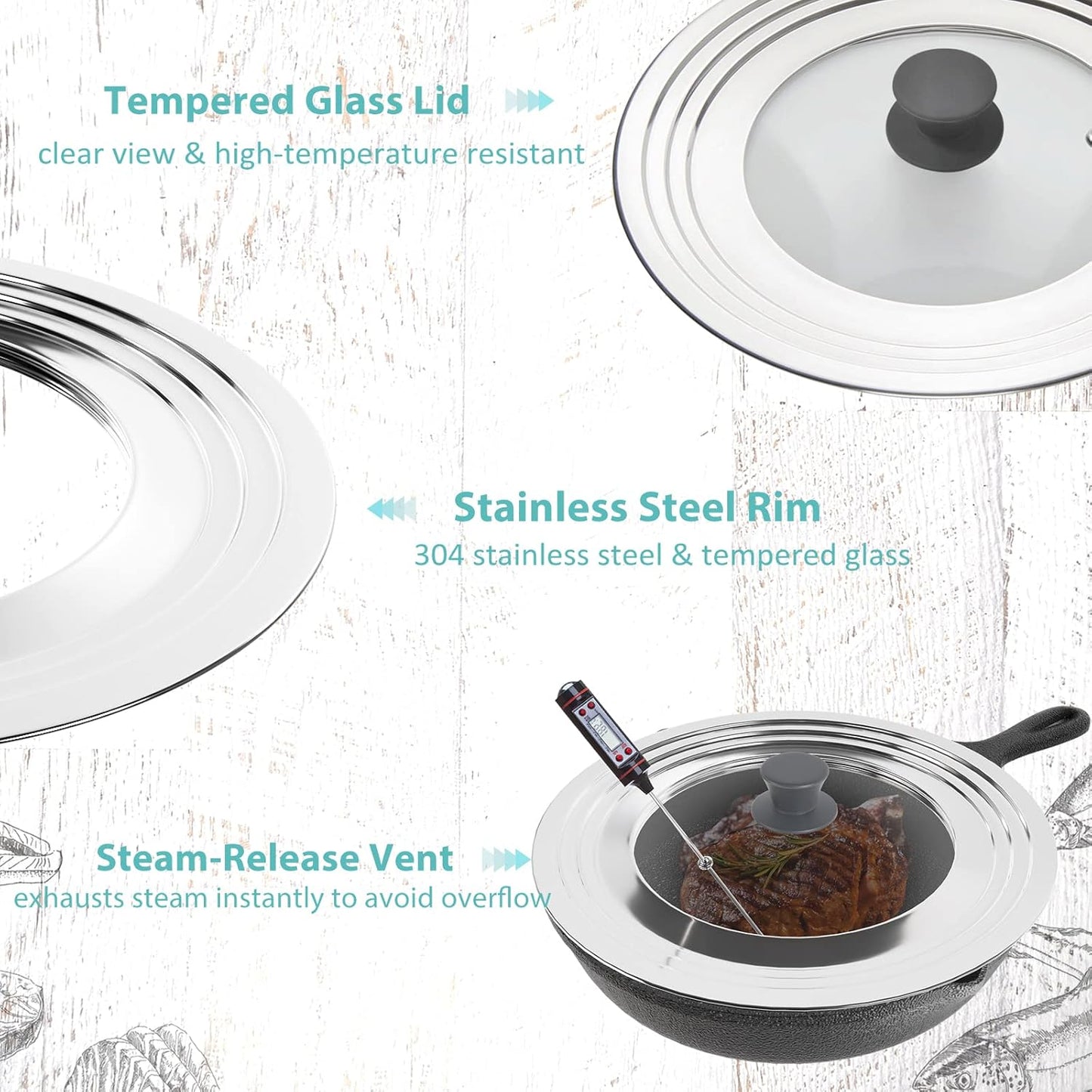 Universal Lid for Pots Pans and Skillets - One Lid Fits All 8.25-12 Inch Pots Frying Pans Skillets Woks, Replacement Pot Lid with Upgraded Heavy Duty Heat Resistant Silicone Handle, Gray