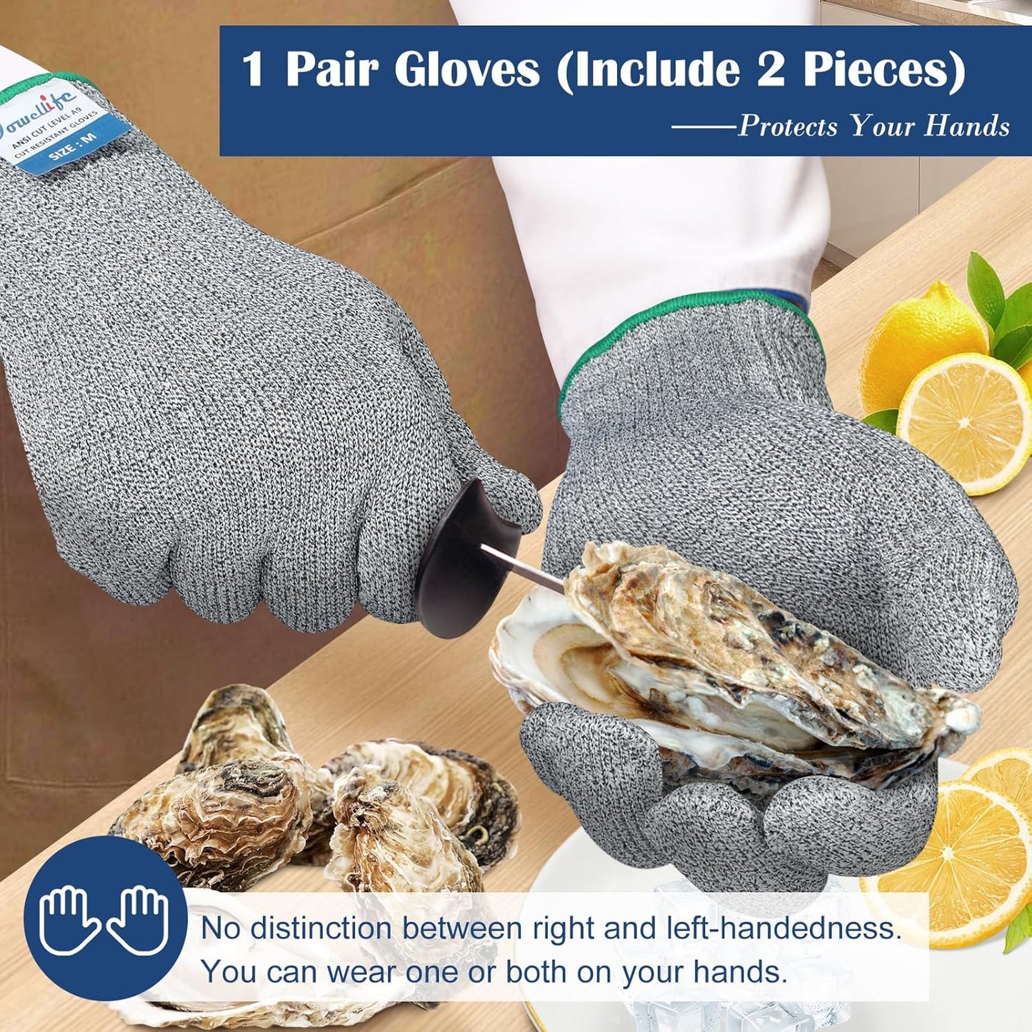 Dowellife Soft Level 9 Cut Resistant Gloves Food Grade, Steel Wire Mixed Kitchen Safety Gloves for Chef Oyster Shucking Mandoline Knife Butcher Meat Cutting Carving (Medium)