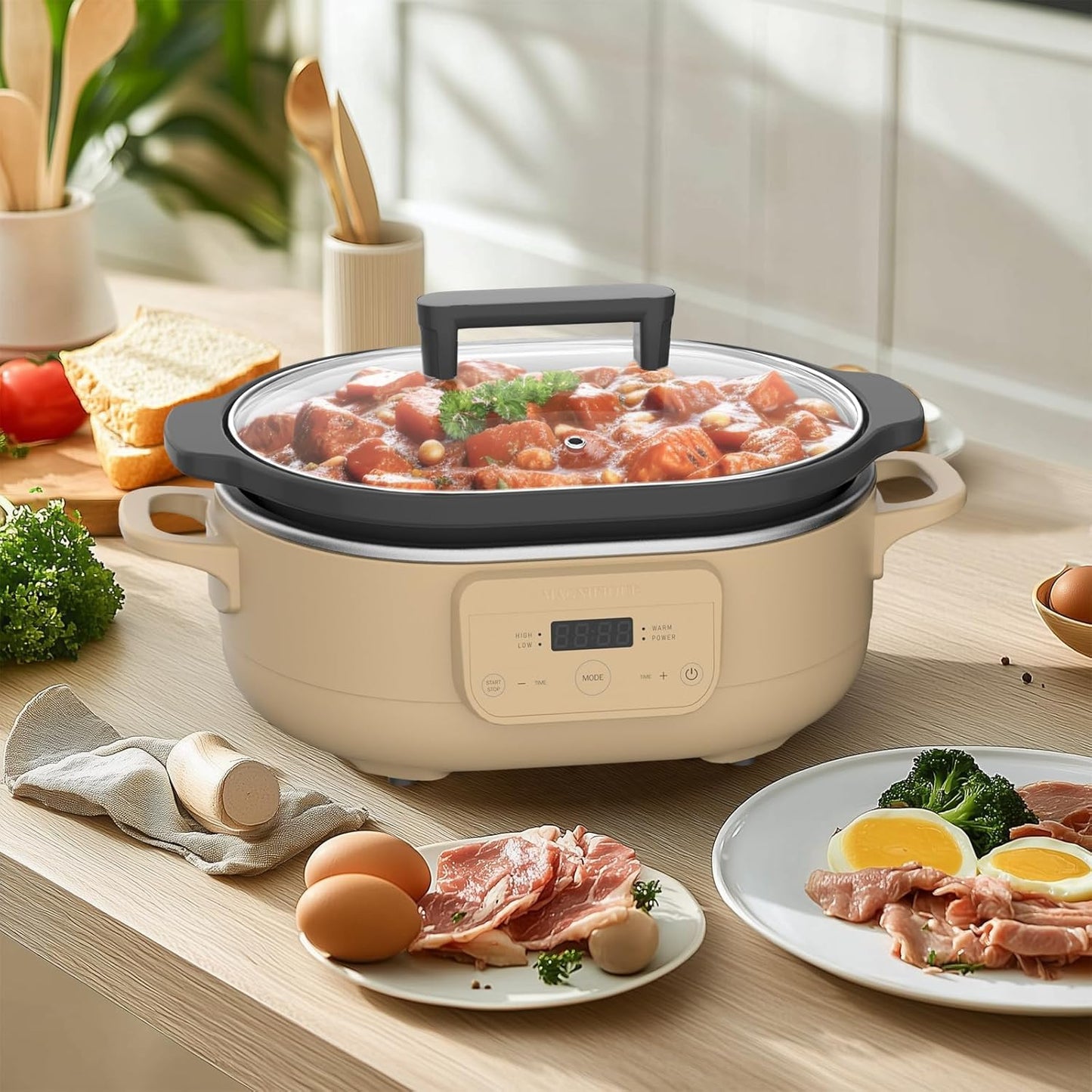 6 Quart Programmable Slow Cooker Removable Healthy Nonstick Crock Pot - Small Kitchen Appliance for Family Dinners - Serves 6+ People - Heat Settings: Keep Warm Brown Brown