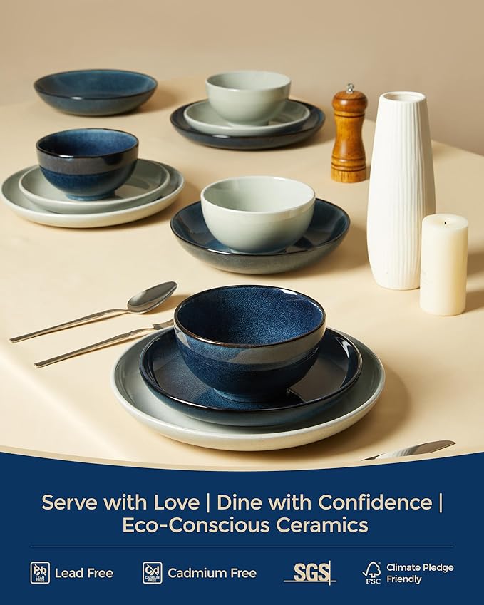 Stoneware Dinnerware Sets for 6, 18 Pieces Ceramic Plates and Bowls Sets, Chip and Scratch Resistant Dish Set, Dishwasher & Microwave Safe Plate Set, Starry Blue