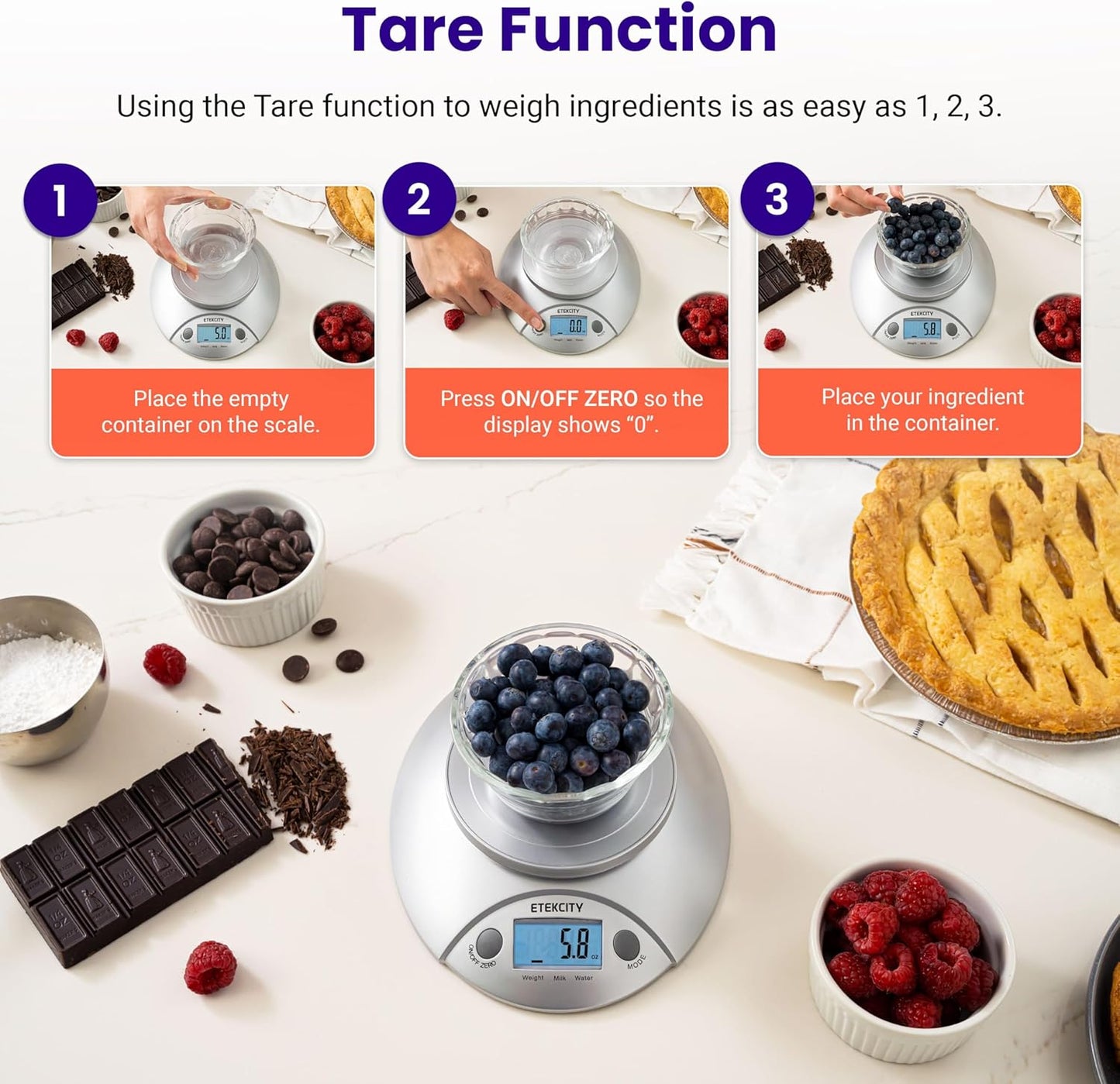 Etekcity Food Kitchen Scale With Bowl, Digital Ounces and Grams for Cooking, Baking, Meal Prep, Dieting, and Weight Loss, 11lb/5kg, Backlit Display