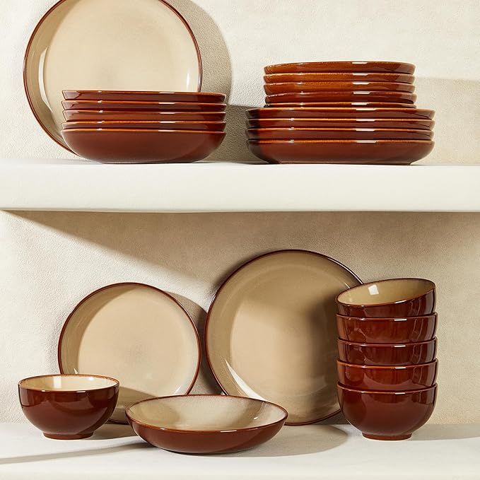 24 Piece Double Bowl Dinnerware Sets with Pasta Bowls, Highly Chip and Crack Resistant Plates and Bowls Sets, Natural Earthyware Ceramic Dishware Sets, Service for 6 Brown Yellow