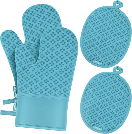 Oven Mitts and Pot Holders 4 Sets, Heat Resistant 500 ℉ Oven Mitt and Pot Holder,Oven Glove&Potholders with Non-Slip Silicone Surface,Kitchen Essentials for Cooking/Baking/BBQ-Lake Blue