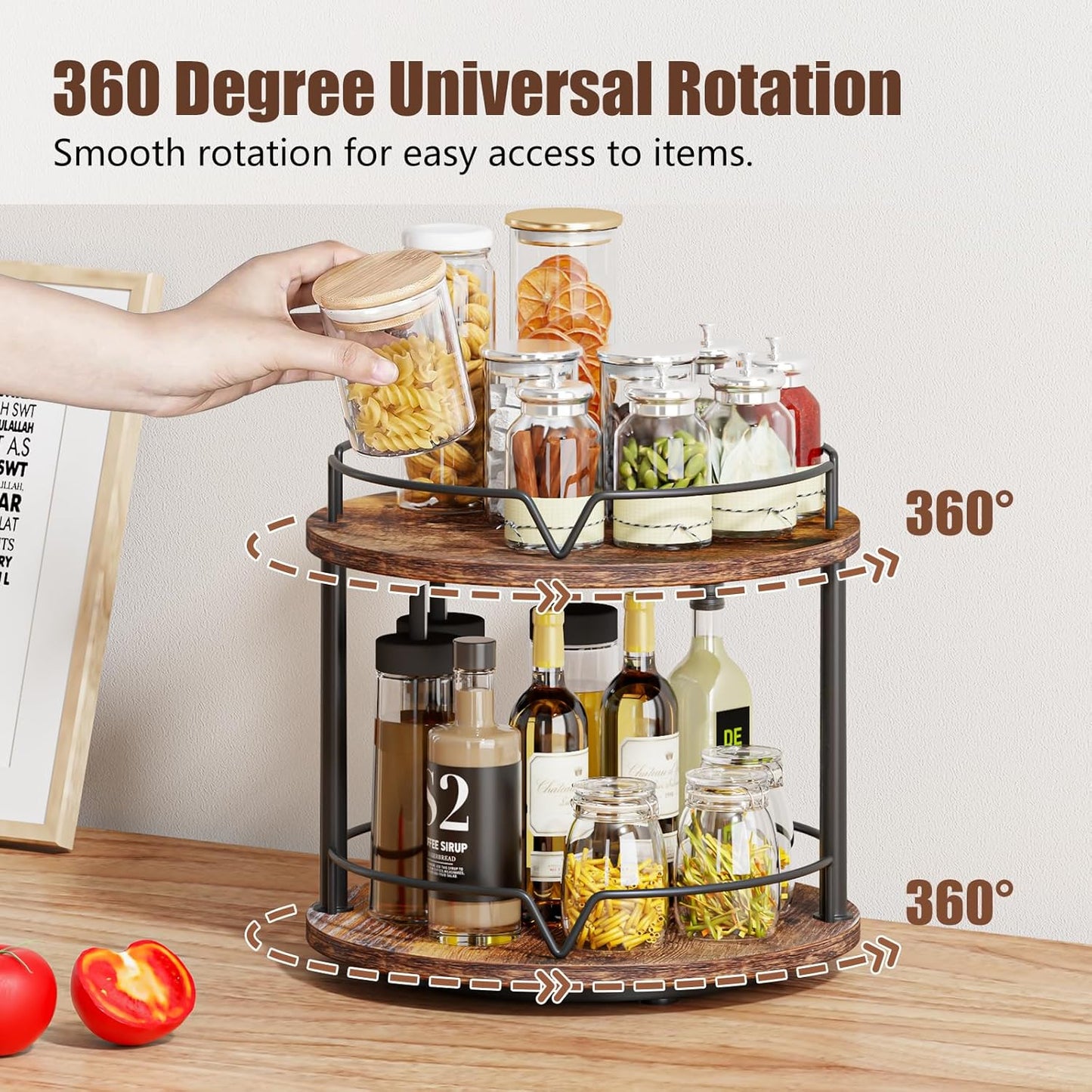 KLM 12" Wood Lazy Susan, Rotating Spice Rack, 2 Tier Spice Turntable Organizer, Industrial Turntable Spice Holder, for Kitchen Countertop and Cabinet, Compact and Versatile, Rustic Brown