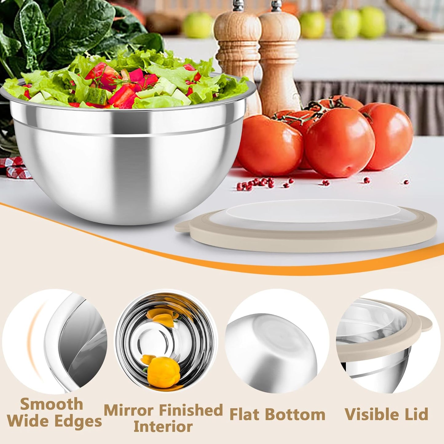 TeamFar Mixing Bowls with Lids, 4.5/3/1.5 QT Stainless Steel Nesting Salad Bowls with Airtight Lids, For Serving/Mixing/Storing/Prepping, Healthy & Sturdy, Visible & Easy Clean, Khaki, Set of 3