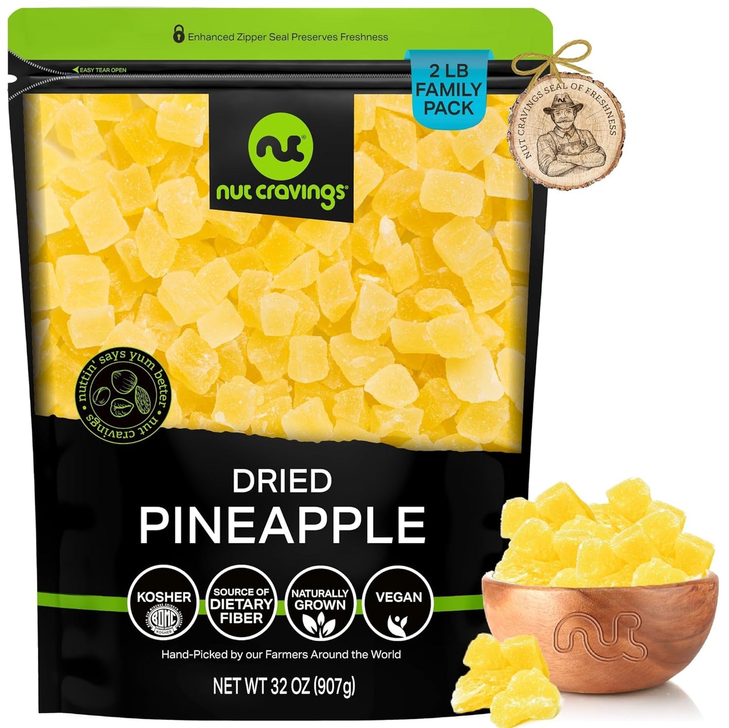 NUT CRAVINGS - Sun Dried Pineapple Chunks, Lightly Sweetened (32oz, 2 LB) Bulk Dry Fruits Packed Fresh in Resealable Bag - Sweet Healthy Snack, Naturally Grown, Vegan, Kosher