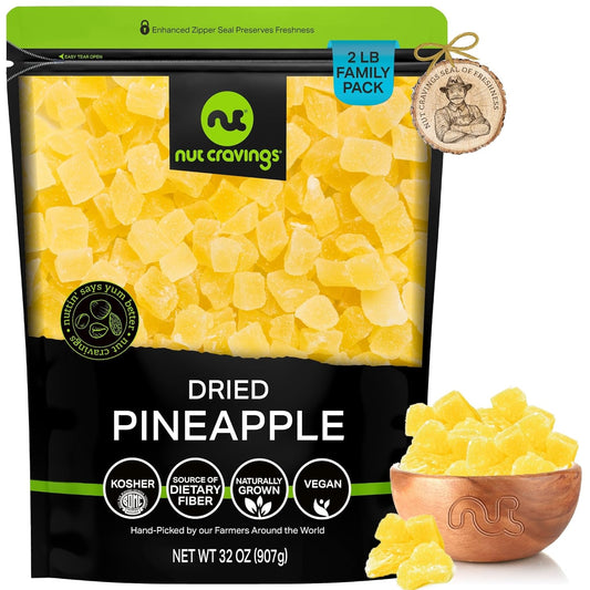 NUT CRAVINGS - Sun Dried Pineapple Chunks, Lightly Sweetened (32oz, 2 LB) Bulk Dry Fruits Packed Fresh in Resealable Bag - Sweet Healthy Snack, Naturally Grown, Vegan, Kosher