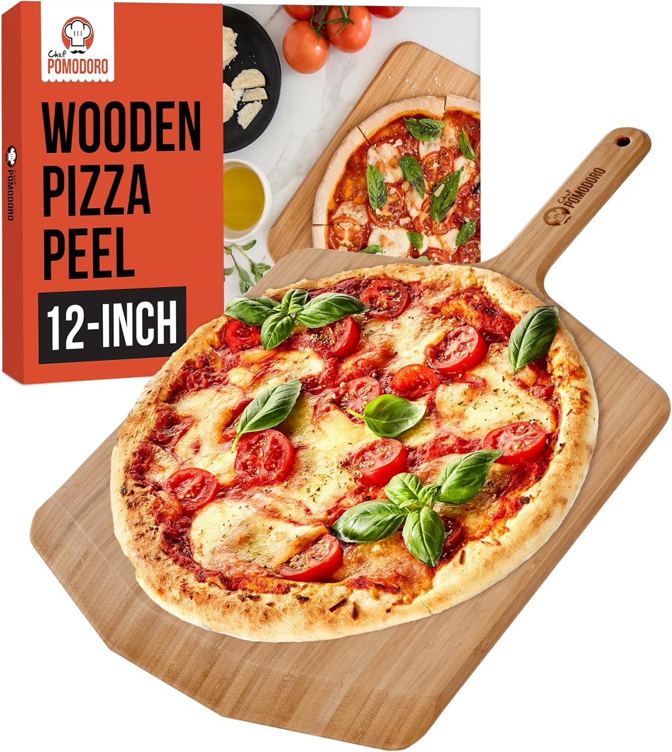 Chef Pomodoro 12-inch Bamboo Pizza Peel, Wooden Pizza Peel 12 Inch, Homemade Wood Pizza Peel with Handle, Pizza Oven Accessories, Spatula Gourmet