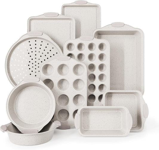 Country Kitchen Nonstick Stackable Bakeware Set - Heavy Duty, Durable, Easy Release Baking Set, Cream, 10 Pcs