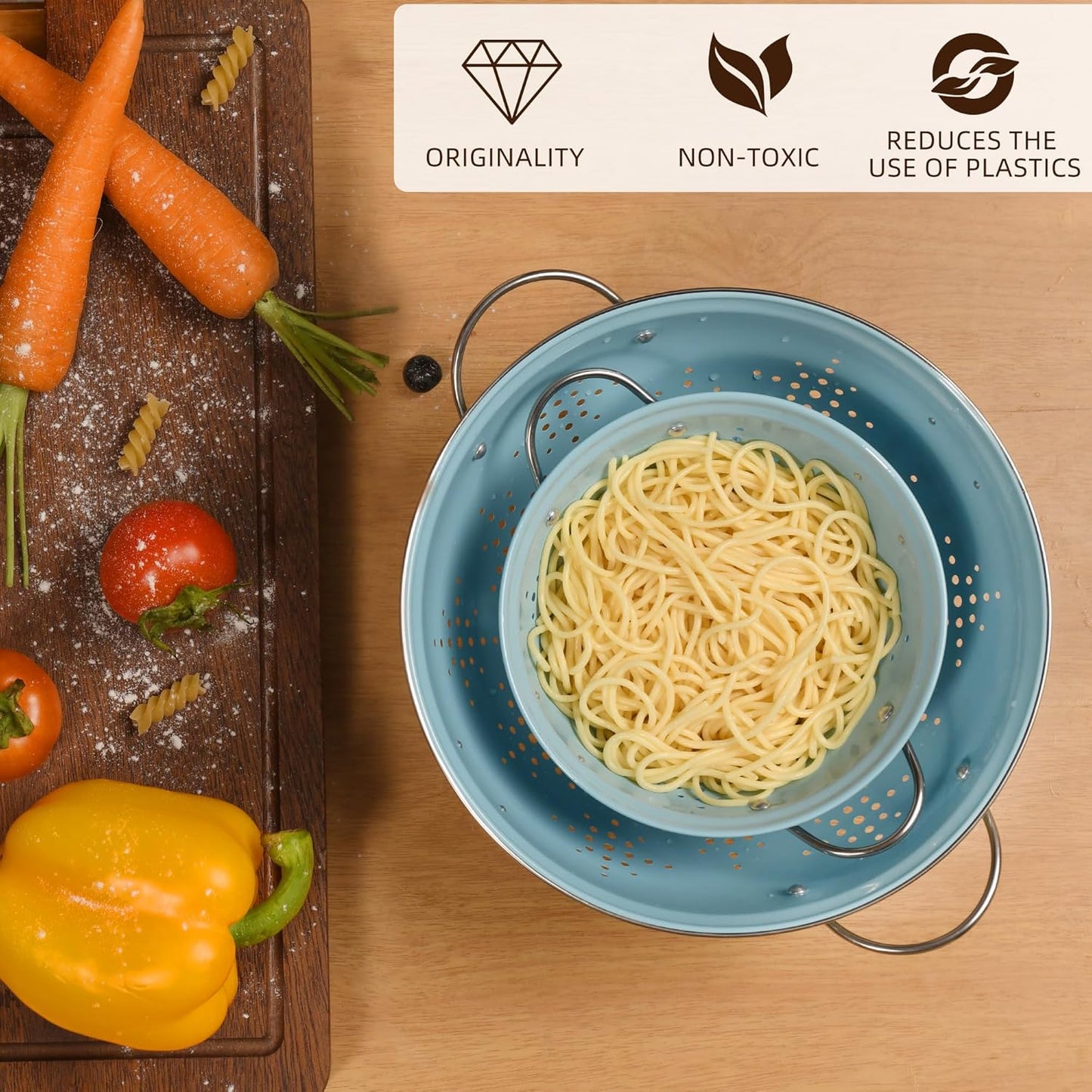 Metal Colander 2 Pack, Strainer Bowel with Handles 2Qt & 6Qt Powder Coated Solid Ring Base Heavey Duty Kitchen Drainer Basket for Pasta Veggies and Fruits,New Home Apartment Essentials (ArcticBlue)