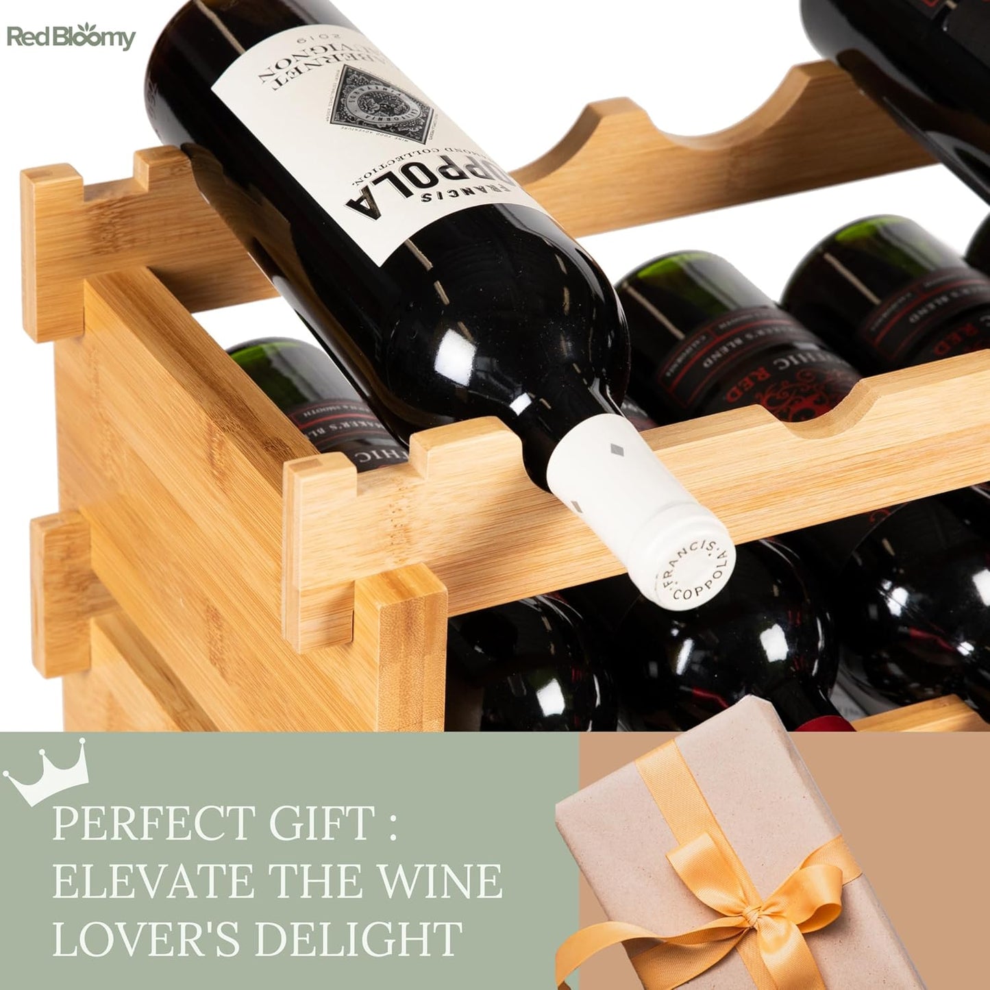 Stackable Bamboo Wine Rack for 72 Bottle, 8-Tier and Sturdy, Free Standing, Modular Wine Storage, Wine Bottle Storage for Cellar, Kitchen and Dining Room (72 Bottle)
