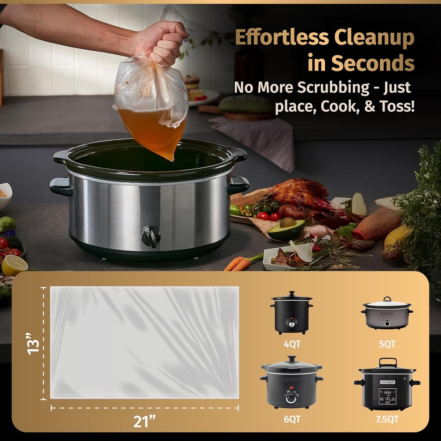 Matiks Slow Cooker Liners 3-8 Quart – Cooking Liner – Large Size 13" × 21" – Fit 3QT to 8.5QT Slow Cookers – Works for Oval & Round Pots – 30 Bags & Recipes Added – Compatible with Crock Pot