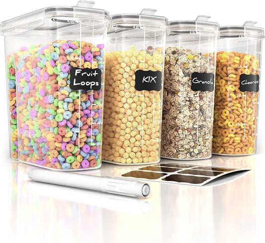 Simply Gourmet Airtight Cereal Containers with Lids – 4 Piece Tall Kitchen Pantry Organization Set, BPA-Free Clear Plastic, Pour Spout Lids for Breakfast Cereal, Rice, Flour, Sugar, Snacks
