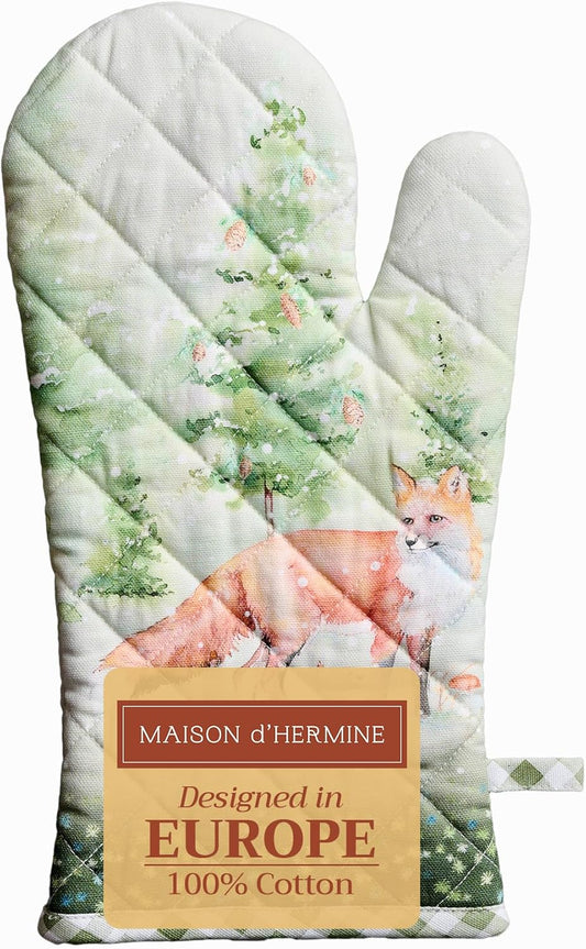Maison d' Hermine Oven Gloves 100% Cotton Oven Mitt 7" x 13" with Loop Heat Resistant, BBQ, Cooking Gloves, Baking, Grilling, Kitchen, Handling Hot Pans (Pack of 1, Winter Mornings)