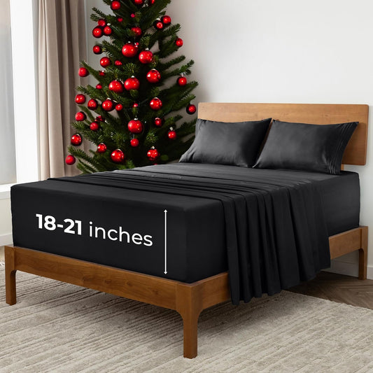 Mellanni Extra Deep King Sheets - 4 PC Iconic Collection Bedding - Hotel Luxury, Ultra Soft, Cooling Bed Sheets - Wrinkle, Fade, Stain Resistant (King, Black)